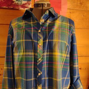 Talbots Roll Tab Plaid Button Top